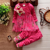 Kid BabyGirl Suit Long Sleeve Bow Floral Mesh Spring Autumn Outfit 2 Pcs