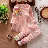 Kid BabyGirl Suit Long Sleeve Bow Floral Mesh Spring Autumn Outfit 2 Pcs