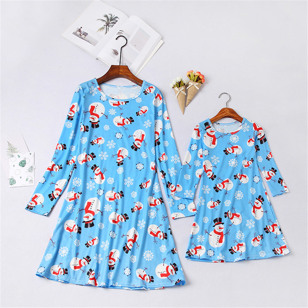 Family Matching Mother Daughter Long Sleeve Christmas Print Dresses