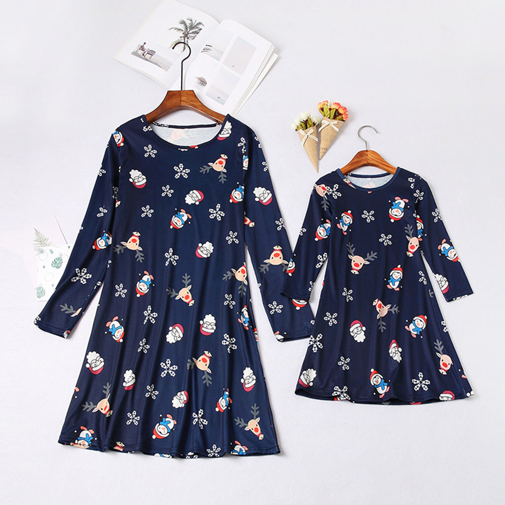 Family Matching Mother Daughter Long Sleeve Christmas Print Dresses