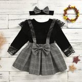 Kid Baby Girls Suits Checked Lace Culottes Suspenders 2 Pcs Sets