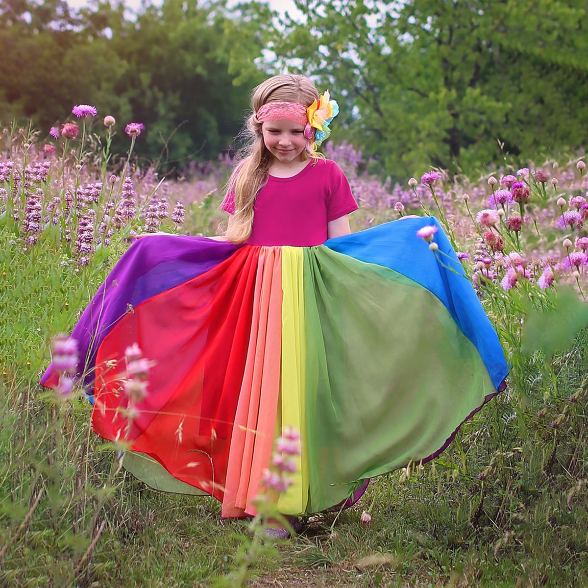 Girl Short Sleeve Rainbow Mesh Rainbow Casual Dresses