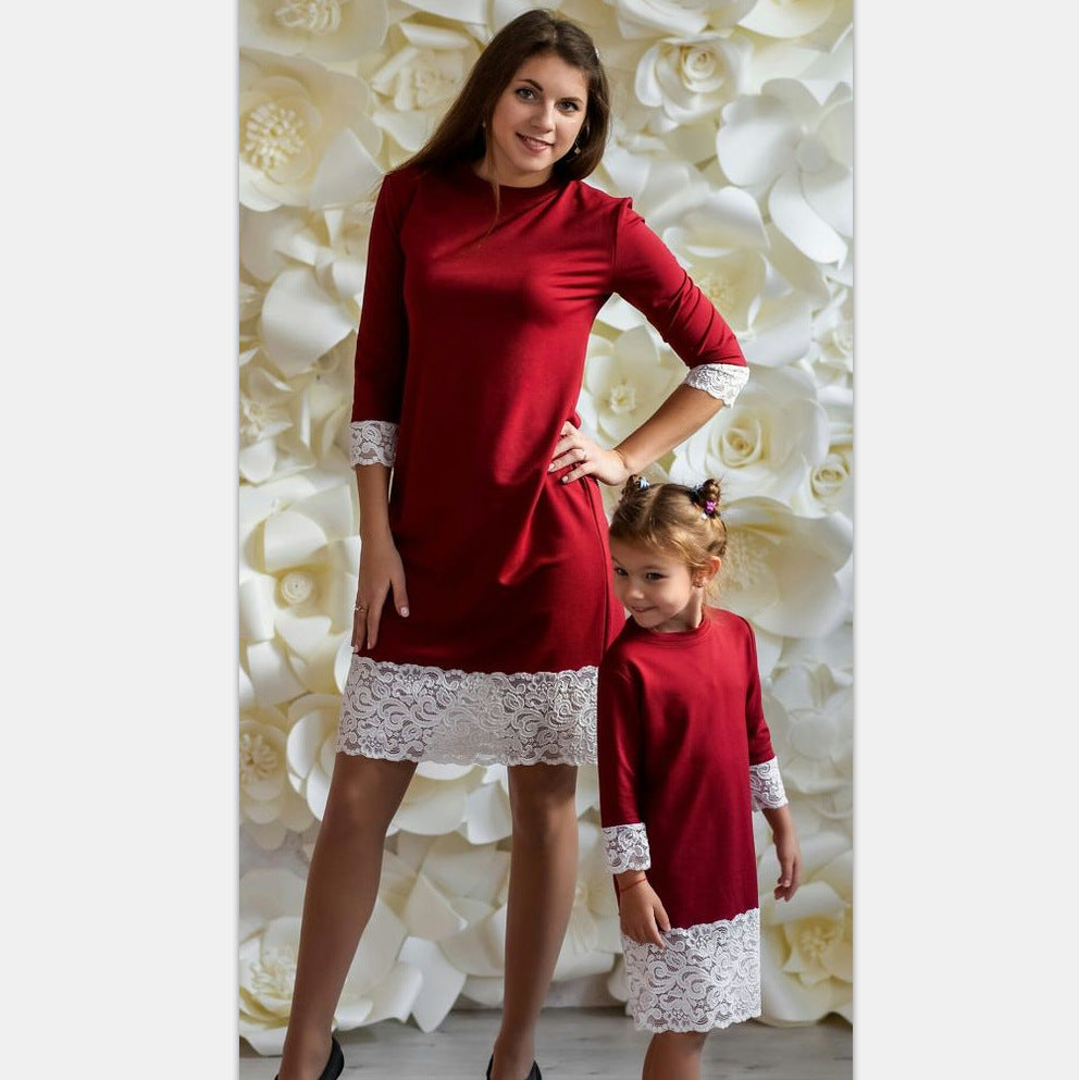 Family Matchig Solid Color Stitching Lace Mid-length Parent-child Dresses