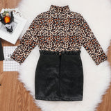 New Girl Leopard Print Long Sleeve Top with Buttocks Leather Skirt 2 Pcs Outfits