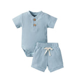 Baby Unisex Summer Ribbed Solid Color Shorts 2 Pcs Sets