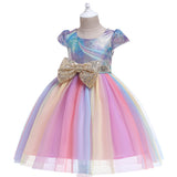 Kid Baby Girl Belt Big Bow Laser Print Rainbow Show Gauze Dress