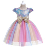 Kid Baby Girl Belt Big Bow Laser Print Rainbow Show Gauze Dress