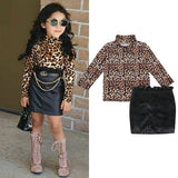 New Girl Leopard Print Long Sleeve Top with Buttocks Leather Skirt 2 Pcs Outfits