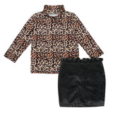 New Girl Leopard Print Long Sleeve Top with Buttocks Leather Skirt 2 Pcs Outfits