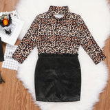 New Girl Leopard Print Long Sleeve Top with Buttocks Leather Skirt 2 Pcs Outfits