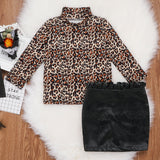 New Girl Leopard Print Long Sleeve Top with Buttocks Leather Skirt 2 Pcs Outfits