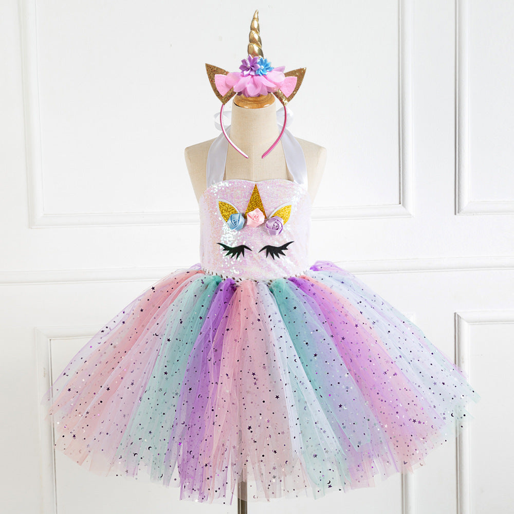 Unicorn Kid Girl Rainbow Sequin Tulle Birthday Dress