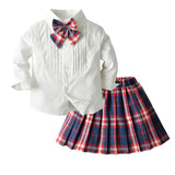 Kid Baby Girl Suit Long-sleeved Bow Tie Plaid Pleated Sets 2 Pcs