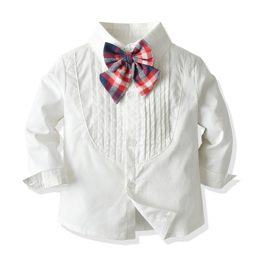 Kid Baby Girl Suit Long-sleeved Bow Tie Plaid Pleated Sets 2 Pcs