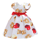 Kid Girl Birthday Bubble Sleeves Bear Heart-shaped Printed Dresses