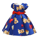 Kid Girl Birthday Bubble Sleeves Bear Heart-shaped Printed Dresses