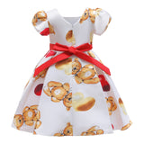 Kid Girl Birthday Bubble Sleeves Bear Heart-shaped Printed Dresses