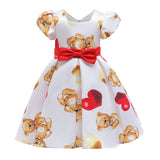 Kid Girl Birthday Bubble Sleeves Bear Heart-shaped Printed Dresses