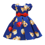 Kid Girl Birthday Bubble Sleeves Bear Heart-shaped Printed Dresses