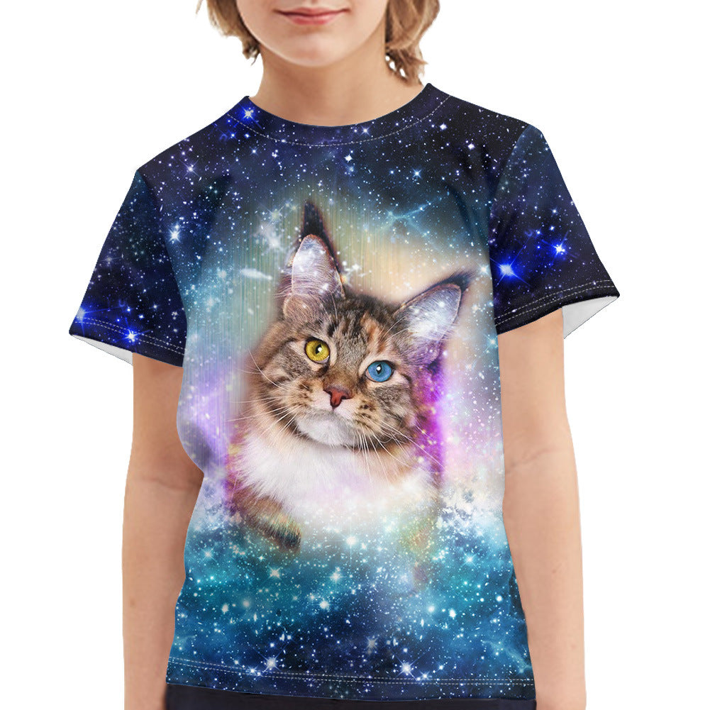 Kid Short 3D Star Cat And Dog Printed Nylon T-shirt