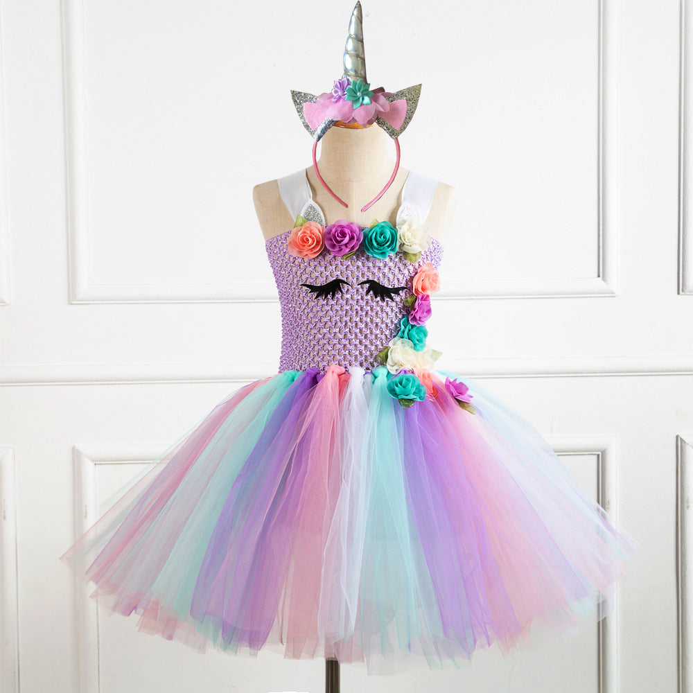 Kid Baby Flower Gauze Girl Princess Skirt Unicorn Princess Rainbow Dress