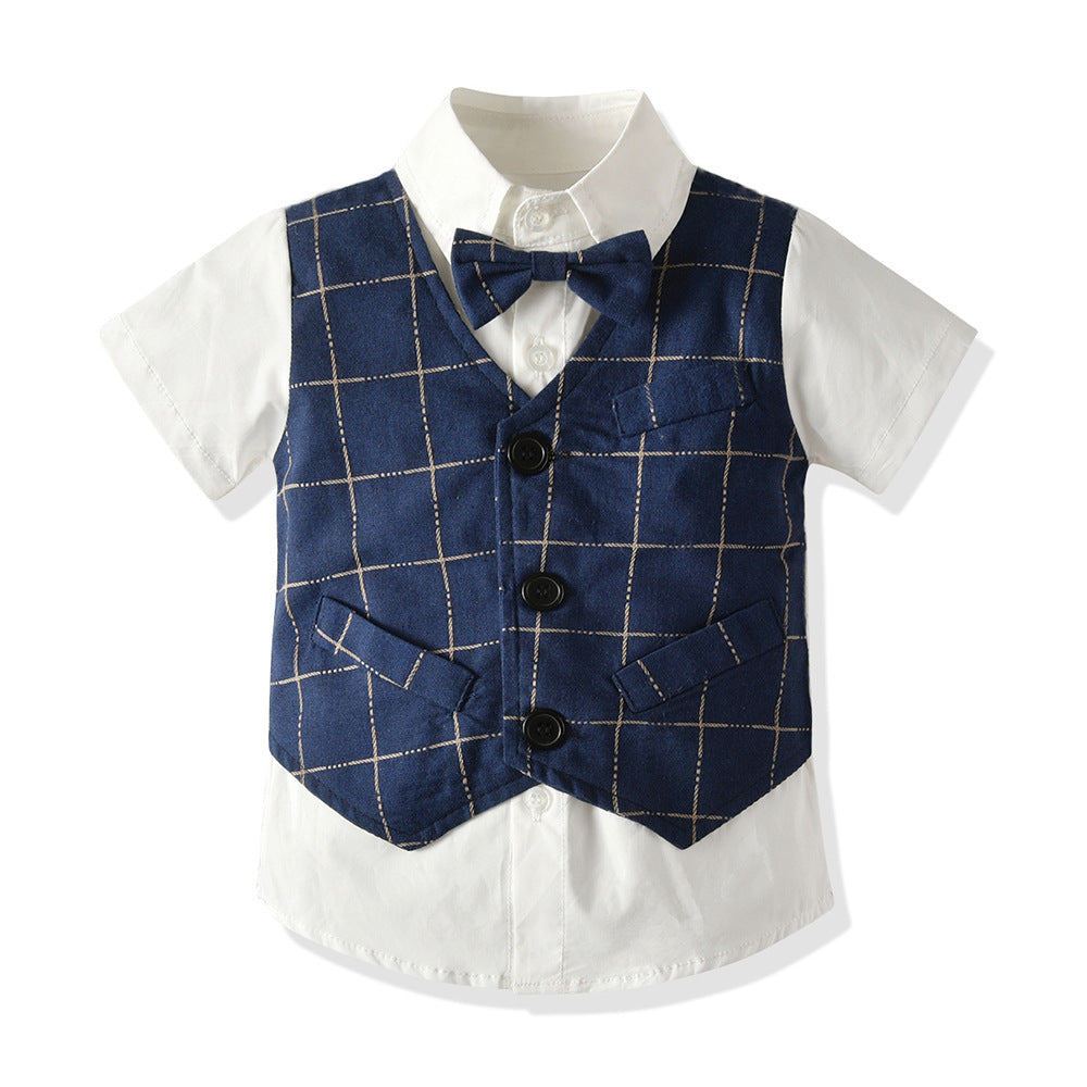 Kid Baby Boy Suit Short Sleeve British Plaid 2 Pcs Sets