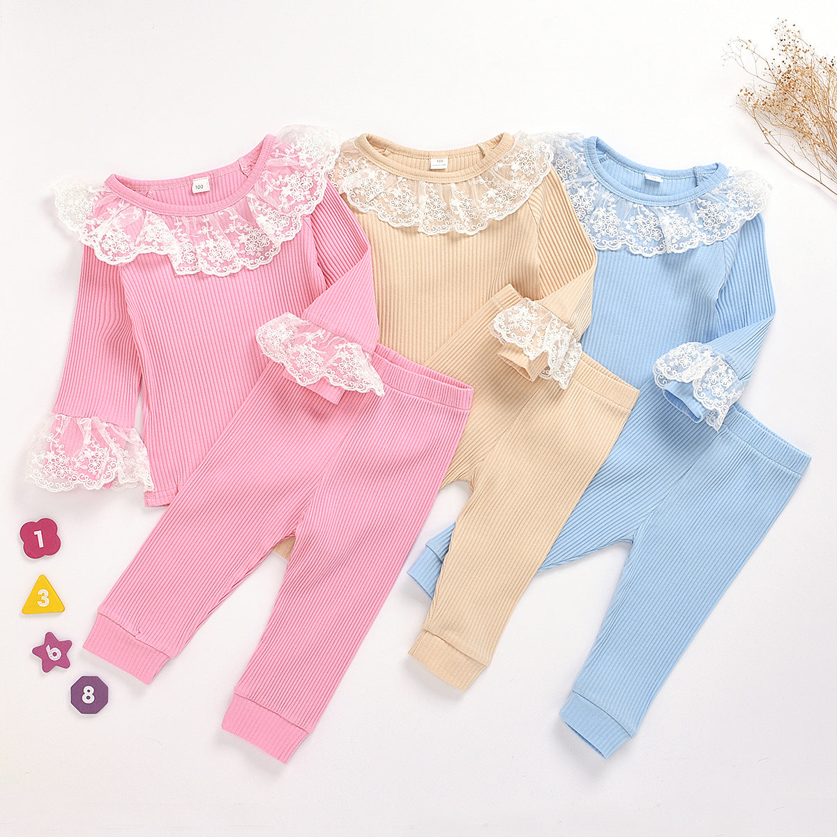 Girl Lace Round Neck Pit Stripe Long Sleeve Top and Trousers Pajamas 2 Pcs