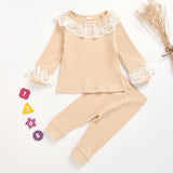 Girl Lace Round Neck Pit Stripe Long Sleeve Top and Trousers Pajamas 2 Pcs