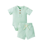 Baby Unisex Summer Ribbed Solid Color Shorts 2 Pcs Sets