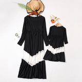 Family Matching Mother Child Long Sleeve Patchwork Dresses