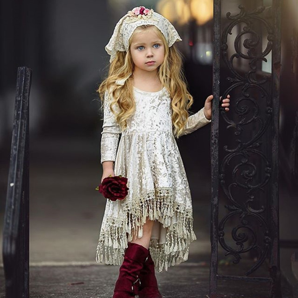 Kids Girl Gold Velvet Long Sleeve Tassel Sweet Princess Dresses