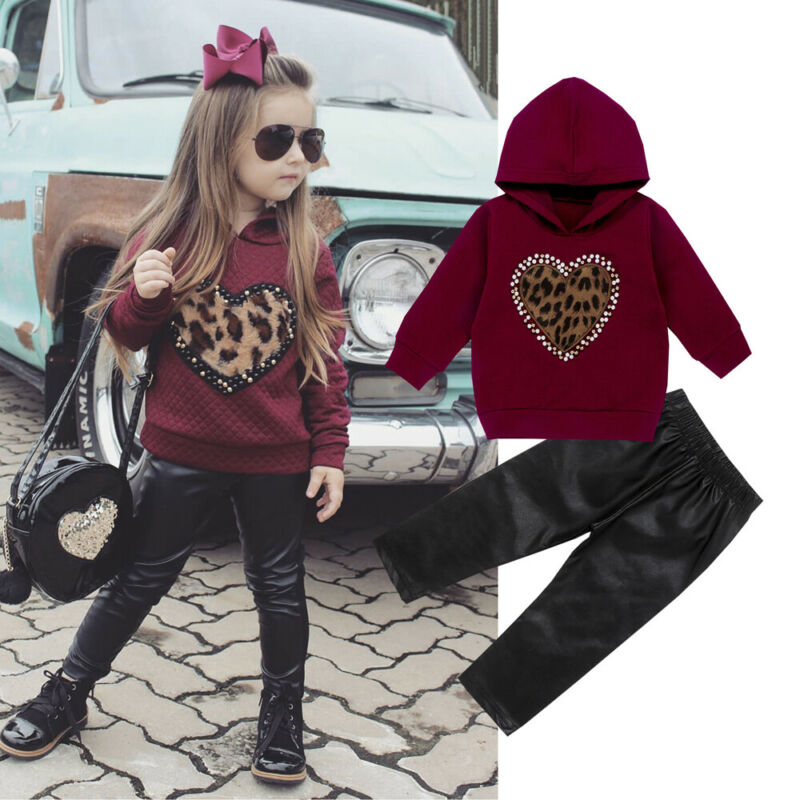 Girl Leopard Embroidered Trend Leather 2 Pcs Outfit Tracksuit