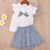 Kid Baby Girls Short Sleeve Bowknot Gauze 2 Pcs Sets