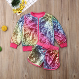 Kid Baby Girls Stand Collar Long Sleeve Sequin Fashion Shorts 2 Pcs Sets