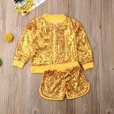 Kid Baby Girls Stand Collar Long Sleeve Sequin Fashion Shorts 2 Pcs Sets