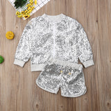 Kid Baby Girls Stand Collar Long Sleeve Sequin Fashion Shorts 2 Pcs Sets