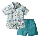 Baby Boy Summer Linen Lapel Short Sleeve Printed Beach 2 Pcs Sets