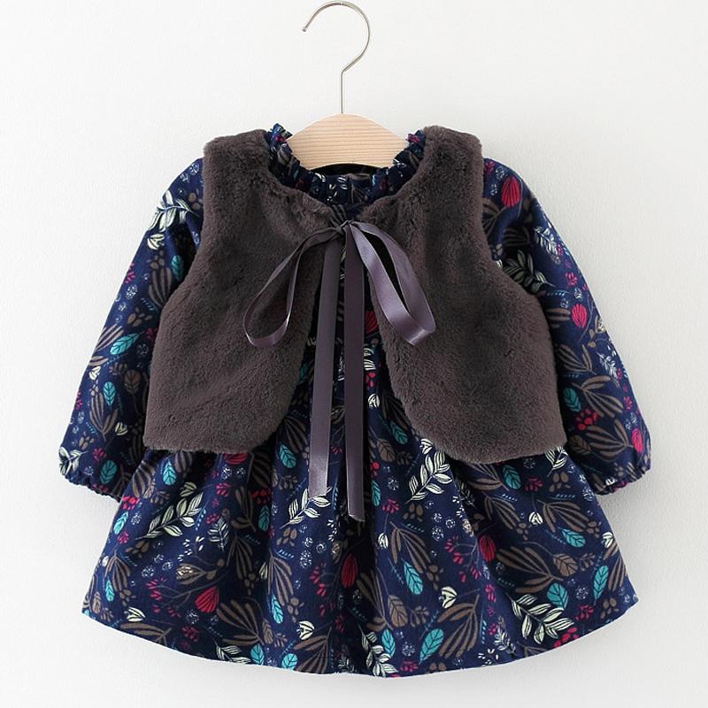 Baby Girl Floral Long Sleeve Flannelette Lining Thicken Dress 2 Pcs Sets