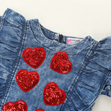 Kids Baby Girl Sequins 3D Heart Party Pageant Ruffle Denim Sundress