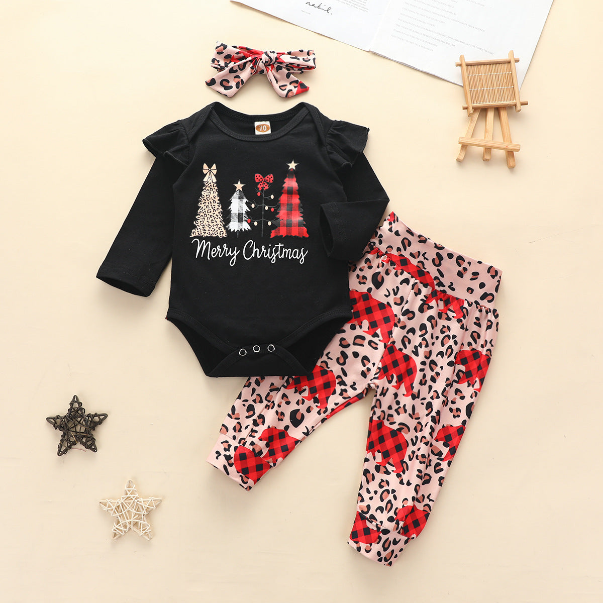 Baby Girl Christmas Long-sleeved Suit Ins Wind Tree Bear Suits 3 Pcs