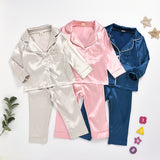 Kids Girl Boys Solid Silk Cardigan Long-sleeved  Pajamas