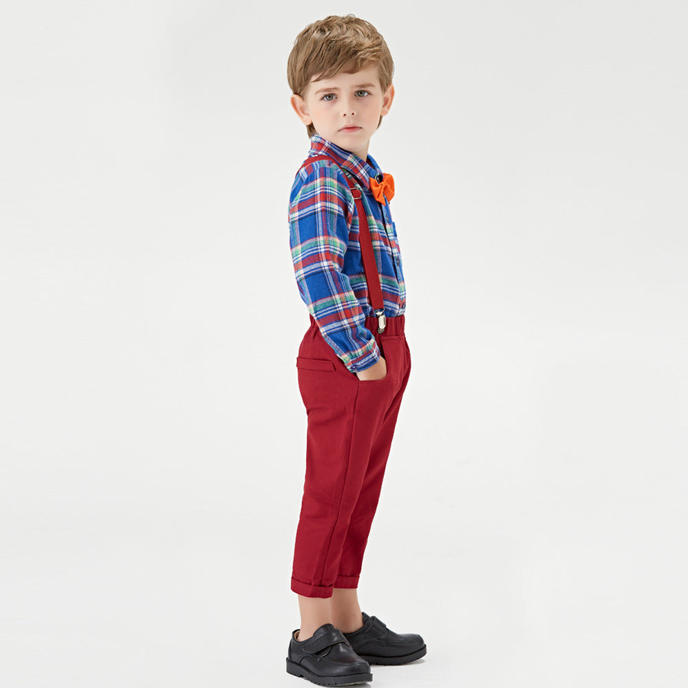 Plaid Cotton Long-sleeved Suspenders Baby Boy Set 2 Pcs Suits