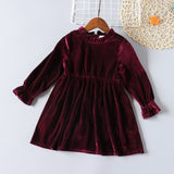 Kid Baby Girl Pure Color Velvet Long Sleeve Autumn Dresses