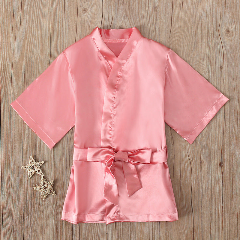 Girls Solid Color Long Sleeve Letter Printing Bandage Bathrobe Sleepwear Pajamas