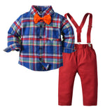 Plaid Cotton Long-sleeved Suspenders Baby Boy Set 2 Pcs Suits