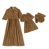 Family Matching Mommy And Me Outfits Front-Button Collar Midi-Sleeve Solid Dresses