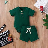 Baby Unisex Summer Ribbed Solid Color Shorts 2 Pcs Sets