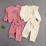 Baby Girls Velvet Round Neck Ruffle Trim Bowknot 2 Pcs Set