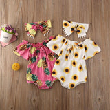 Baby Girl Off Shoulder Sunflower  Short Sleeve Romper 2 Pcs Set