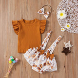 Baby Girl Ruffle Sleeve Ribbed Floral 3 Pcs Sets